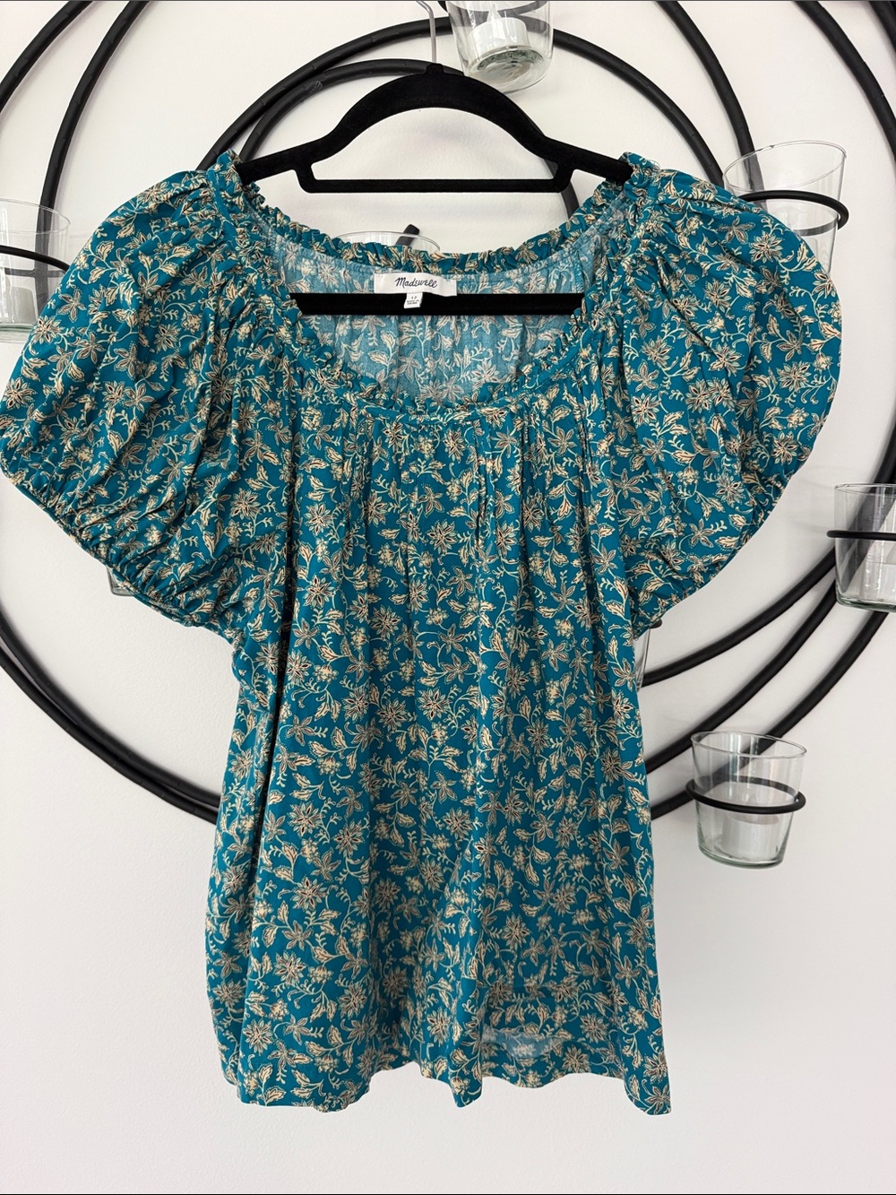 Madewell Teal Floral Puff-Sleeve Peasant Top